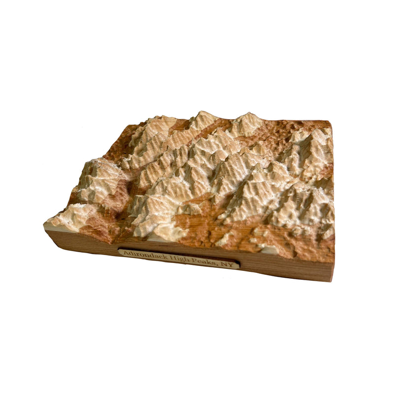 Adirondack Mountains High Peaks Region relief map rendered in wood